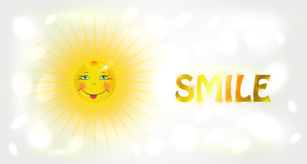 Smile day concept with happy, smiling icon. Cheerful sun with gold lettering. Light background with bokeh effect. Vector design for flyers, greeting cards, posters and banners.