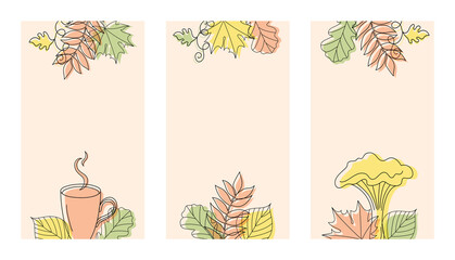 Three different vertical autumn backgrounds in linear style with a mushroom, an acorn, a cup and some leaves.