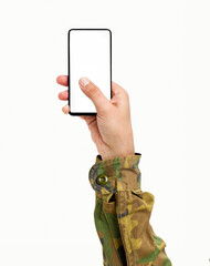 Man hand holding and touching a mobile phone screen with his thumb on a white isolated background