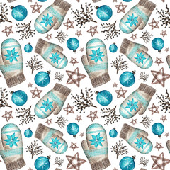 Watercolor seamless pattern Warm mittens. Christmas background. New Year. Cozy winter. Snowflakes. Warm knitted mittens. Blue and brown. White background. For printing on wrapping paper, fabric