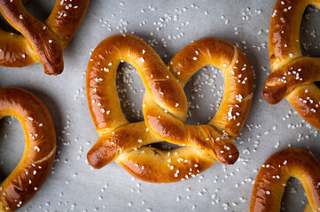 baked pretzel on cooking pan - obrazy, fototapety, plakaty
