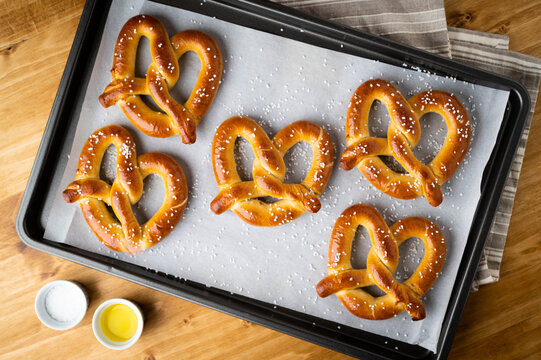 baked pretzel on cooking pan