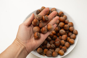 Hazelnut hill in female hands on the background of a plate with nuts. close-up Photo