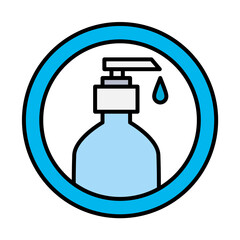 Hands soap bottle in seal stamp line and fill style icon design, Disinfects clean antibacterial and hygiene theme Vector illustration