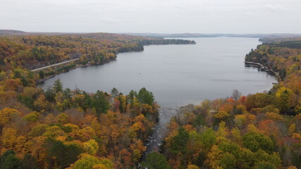 Obraz premium Scenic Aerial View of Fall Autumn Colours in the Countryside with Vibrant Orange Coloured Trees and a Lake