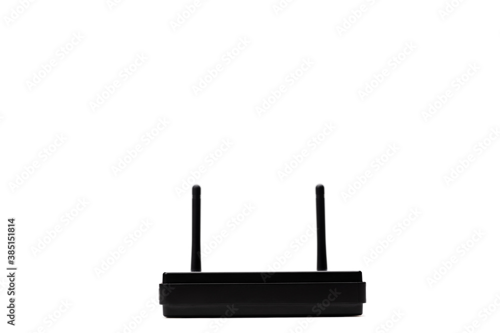 Poster black wifi router device isolated on a white background. online and internet communication hardware