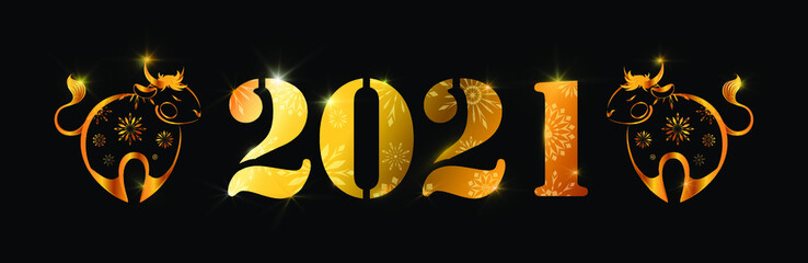 New Year golden bulls 2021 ornate doodle style. Christmas concept over black background. Vector design template for greeting card, invitation, calendar, flyer.