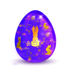 Vector Easter egg isolated on white background. Purple Easter egg decorated with a gold pattern of hares and flowers.