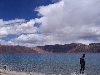 A man looking out at a beautiful lake, Pangong tso (Lake), Durbuk, Leh, Ladakh, Jammu and Kashmir, India
