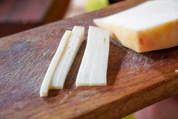 Degustation cheese board at the cheese farm store, dry aged cheeses