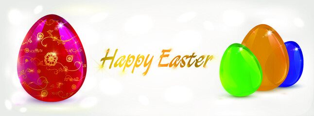Easter concept. Colored glass Easter eggs. Golden text Happy Easter on light background with bokeh effect. Vector illustration for greeting card, poster, flyer.