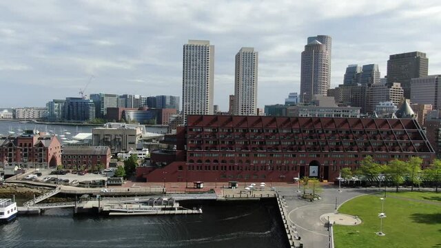 Aerial of Boston Long Wharf Marriott harbor