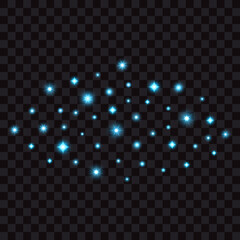 Blue glowing stars and lights on transparent background, vector illustration.