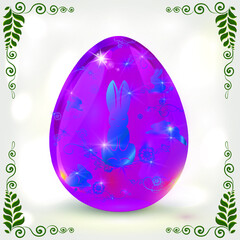 Decorative pink Easter egg painted with a colored ornament with hares on a light background with bokeh effect.