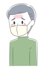 Feverish elderly man wearing a medical mask prevention corona virus or another type of virus. Vector illustration isolated on white background.