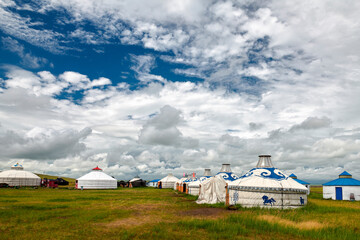 Mongolian yurts on the Hulunbuir grassland of Inner Mongolia, China.