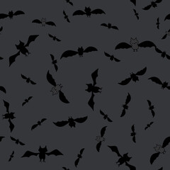 Dark of the Night seamless repeat vector swarm of bats silhouetted against the gray night sky surface pattern design