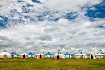 Fototapeta na wymiar Mongolian yurts on the Hulunbuir grassland of Inner Mongolia, China.