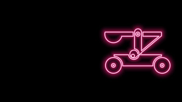 Glowing neon line Old medieval wooden catapult shooting stones icon isolated on black background. 4K Video motion graphic animation