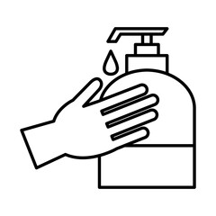 Hand washing with soap bottle line style icon design, Hygiene wash health and clean theme Vector illustration