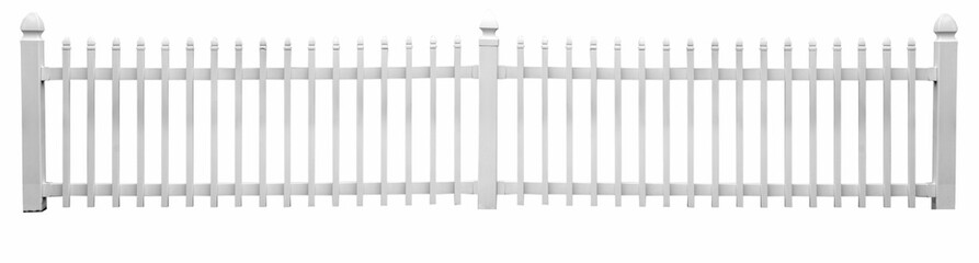 Isolated white vinyl picket fence.