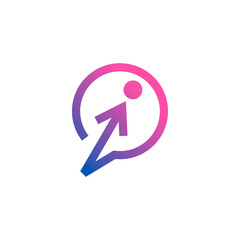 logo of a talk balloon with an arrow and a circle shaping a human figure