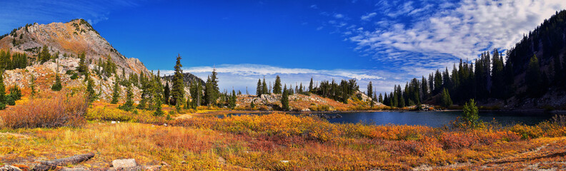 Lake Catherine panorama views from hiking trail to Sunset Peak on the Great Western Trail by...