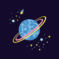 Planet with stars cartoon illustration. Card cartoon abstract planet dark background. Astronomical observatory. Mercury venus earth jupiter saturn neptun. Astronomy galaxy space. Vector illustration © neliakott