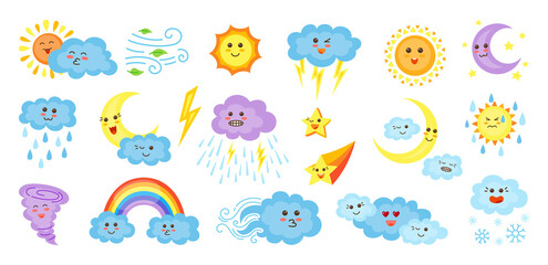 Weather cartoon characters set. Cute kawaii style emoticons sun and clouds, rain or snow, lightning, moon, star, rainbow. Meteorological signs with faces. Funny symbols forecast weather. Vector