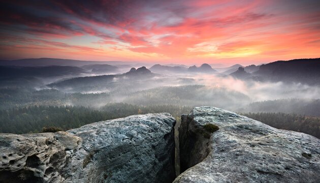 View from the Kleines Winterberg at sunrise, morning mist, crevice, Elbe Sandstone Mountains, Saxon Switzerland National Park, Saxony, Germany, Europe