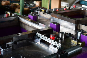 Sheet Metal Stamping Tool Die for Automotive Precision Parts on The Numerical Control Milling Machine Table. Tandem Stamping System. At a High Quality Technology Factory.