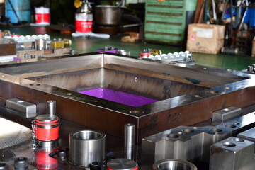 Sheet Metal Stamping Tool Die for Automotive Precision Parts on The Numerical Control Milling Machine Table. Tandem Stamping System. At a High Quality Technology Factory.