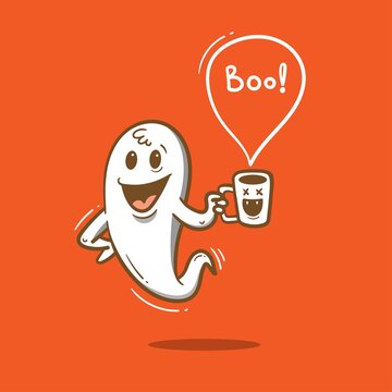 Doodle card with cute cartoon ghost. Fabulous fictional character. Halloween poster. Vector contour colorful image.