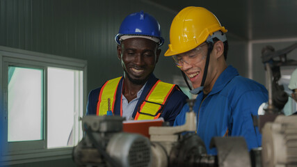 metal work factory technician inspector and worker in lathe workshop