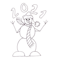snowman juggles with numbers 2021, graphic linear monochrome drawing on white background