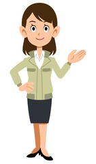 案内する作業着を羽織った事務職の女性
