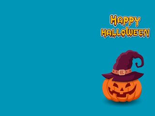 Happy halloween horizontal banner with lettering yellow-orange adn with pumpkin on a blue background. Vector Illustration