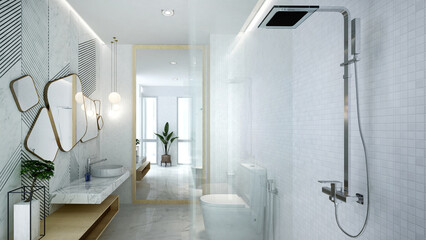 Fototapeta na wymiar The beautiful modern house mock up and interior design of white bathroom