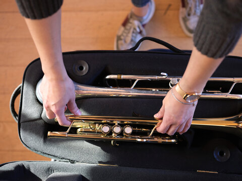 Instrument case with two trumpets