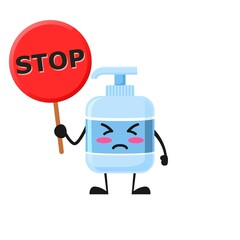 vector illustration of Cute Antiseptic Liquid soap mascot or character holding sign says stop. Antiseptic Liquid soap character concept.