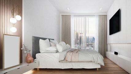 Fototapeta na wymiar The beautiful modern house mock up and interior design of bedroom 