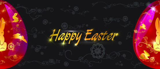 Vector Easter card with text sign Happy Easter. Red glass egg with a gold ornament with hares on a dark background