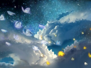 Flying dreamy butterflies and starry space background 