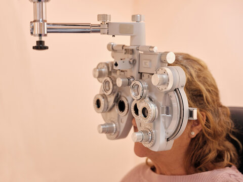Eyesight examination with optometry equipment