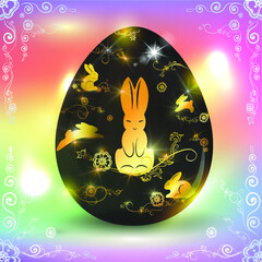 Decorative black richly colored Easter egg with gold floral designs and hares. Rainbow background with bokeh effect. Easter promotion and shopping template