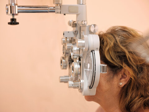 Eyesight examination with optometry equipment