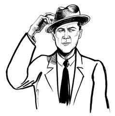 Gentleman in hat. Ink black and white drawing