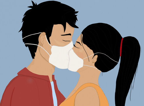 Asian couple kissing through medical masks