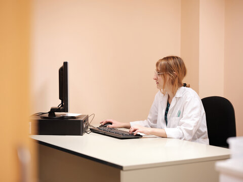 Medical staff working with computer