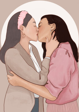 Lesbian couple kissing with closed eyes